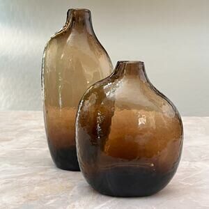 Hammered Pattern Art Glass Vase Set Of 2 Irregular Geometric Small Mouth Amber